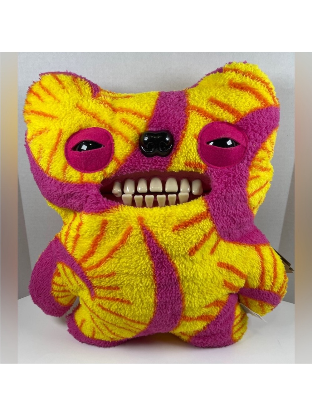 Yellow & Pink Plush Monster Pillow with Playful Teeth